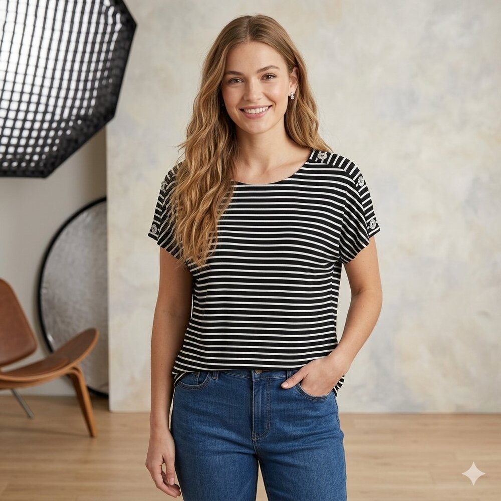 Notations Black & White Striped Short Sleeve Top Silver Button Detail Size 1X
